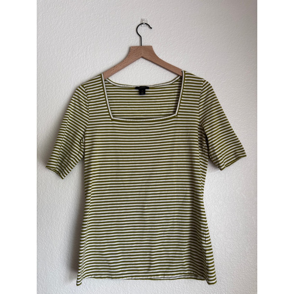 Halogen Women Olive Green White Striped Square Neck Ribbed Top Short Sleeve Med